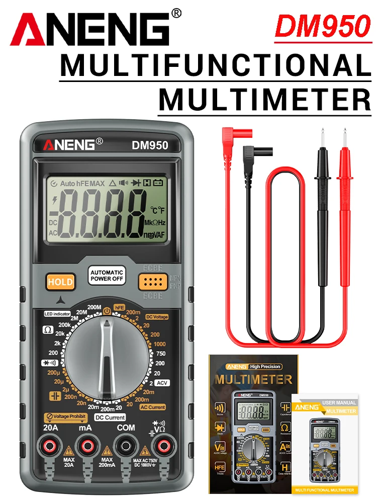 Draagbare ANENG DM950 digitale multimeter, 1999 meetpunten, AC/DC spanning, stroom, weerstand, capaciteit, diode, HFE, data hold, automatische uitschakeling.