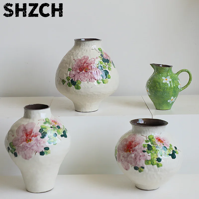 Ceramic Vase Handmade Chinese Watercolor Graffiti Flowers Retro Decorative Earthenware Jars Flower Vase Home Decoration