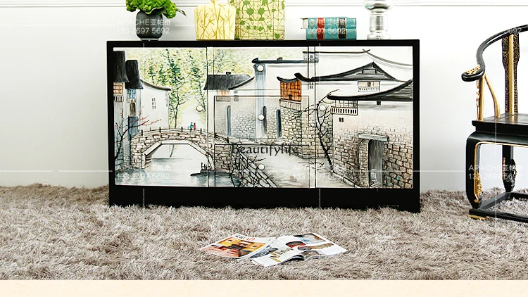 

Modern new Chinese hand-painted Jiangnan water town color dining side cabinet Chinese style home entrance cabinet