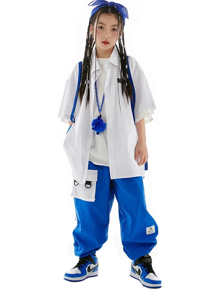 Kinder Hip Hop Kostüm Street Dance Outfits Mode Weißes Hemd Blaue Hosen Jungen Hiphop Leistung Kleidung Mädchen Tragen
