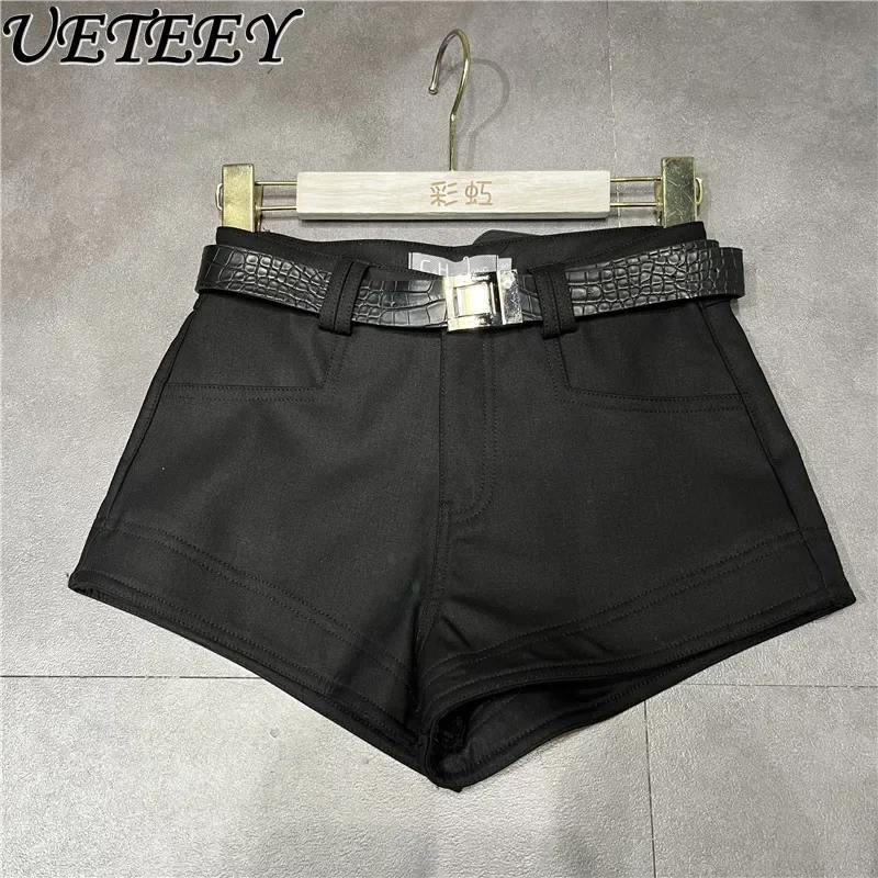 

Niche Hit Girls Crocodile Pattern Belt Design Sense Suit Shorts Women's 2024 Autumn New Hip Wrap Skinny Black Shorts Hot Pants