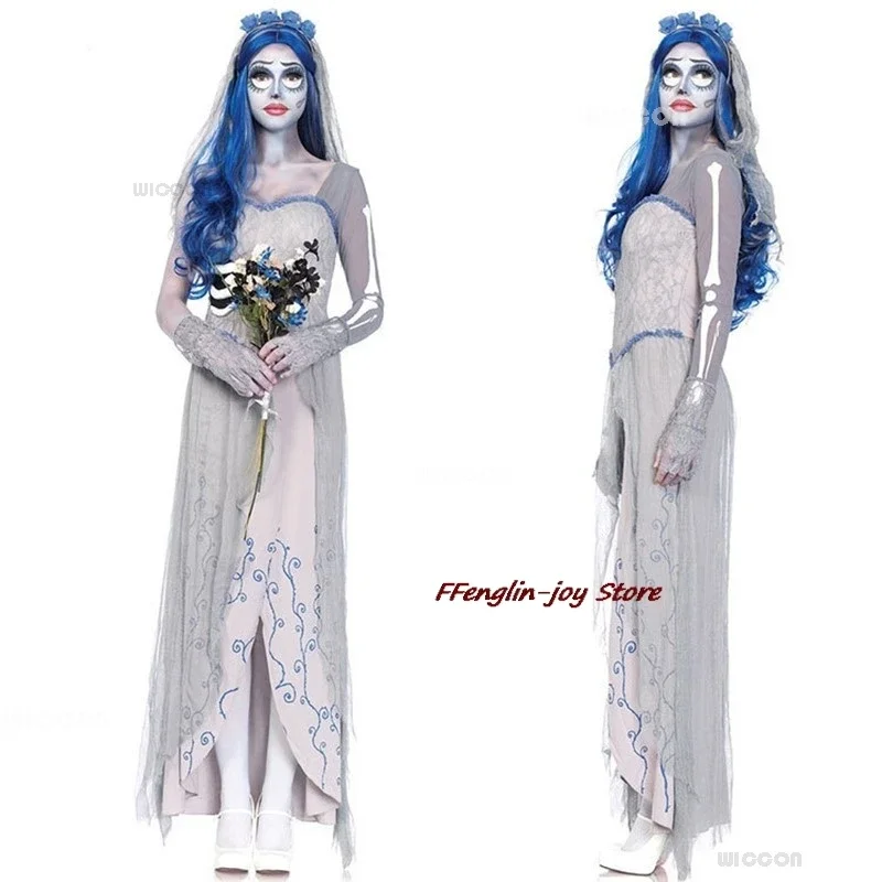 Masquerade Bride Emily Cosplay Costume Wig Zombie Ghost Halloween Party Dress up Women Scary Gothic Poor Wedding Dres@0Z*