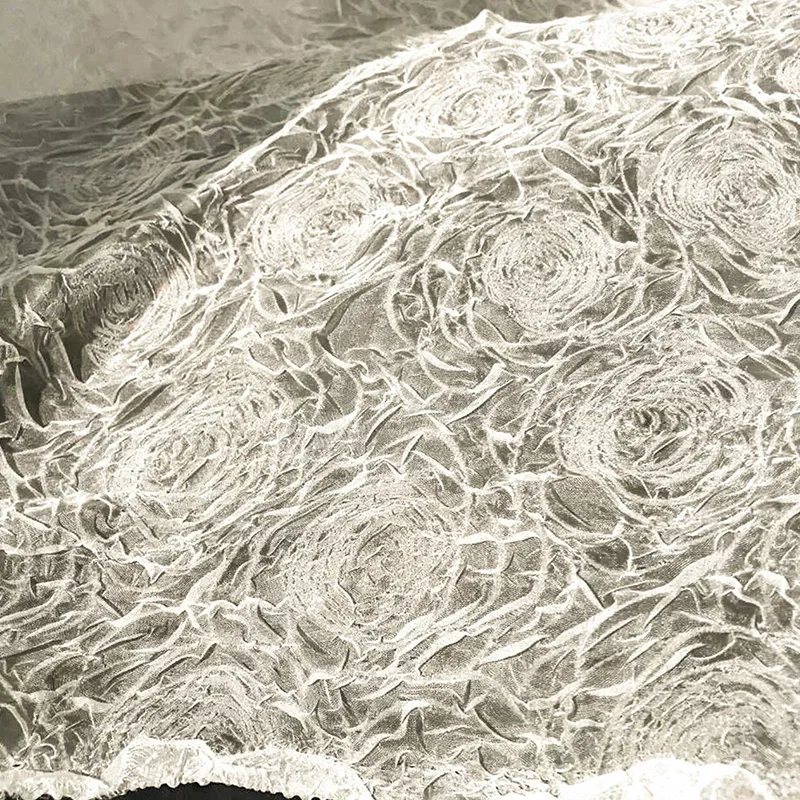 

White 3D Rose Embossed Pleated Fabric Chiffon Tulle Lace Wedding Dress Skirt Designer Crepe Yarn Sheer Gauze Material