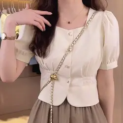 Woman Clothes Sweet Elegant Inc Niche Temperament Waist Buttons Square Collar Cropped Short Sleeve Shirt Tops Casual Trend Slim