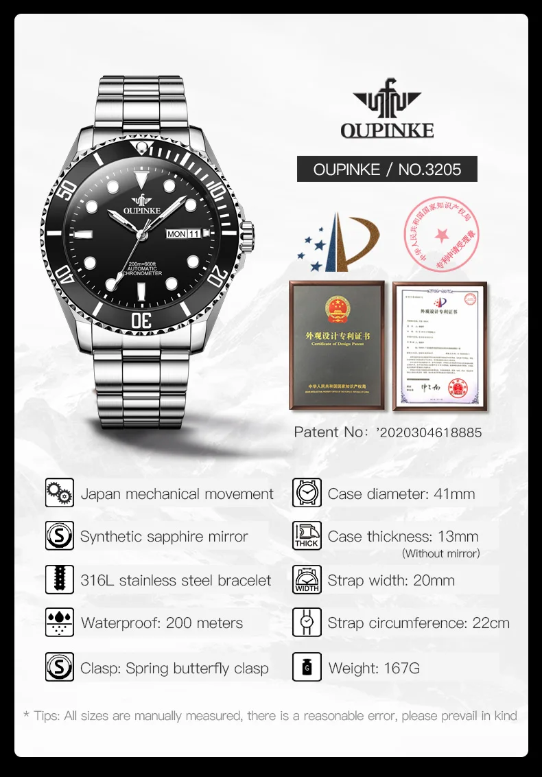 OUPINKE 3205 Automatic Men\'s Watches Luxury Rotation Lap 20Bar Waterproof Diving Watch Top Brand Original Mechanical Wristwatch