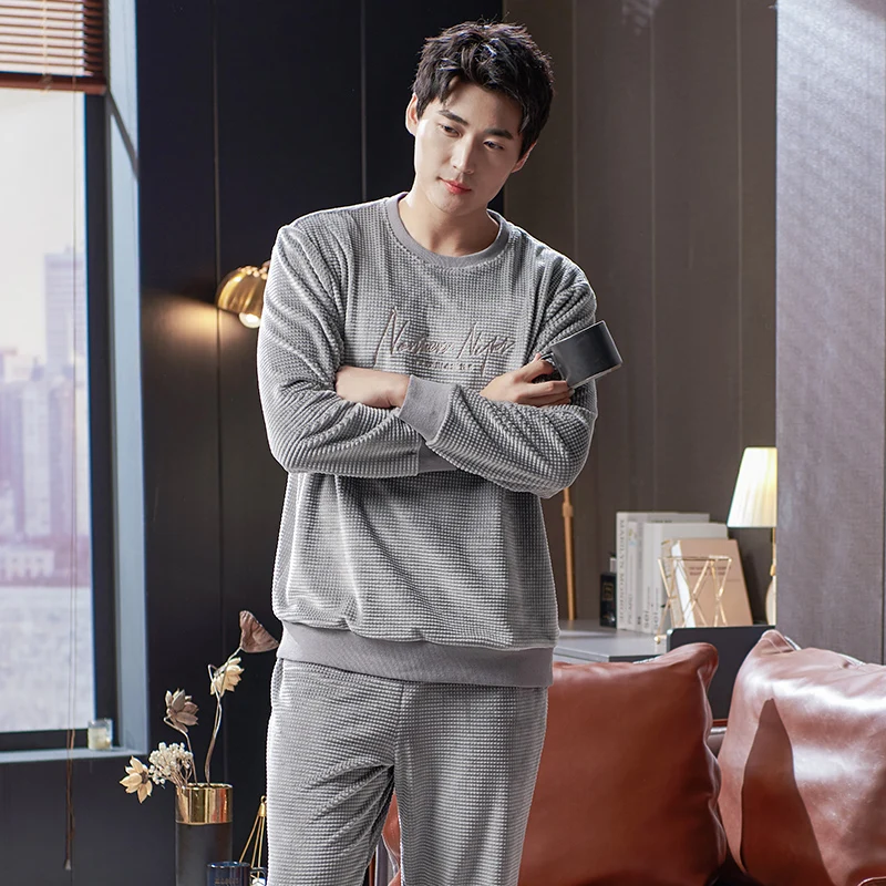 Men's Winter Island Velvet Pajamas Set Letter Sleepwear Coral Fleece Homewear Thick Keep Warm Velvet Male Suit Fall Sweatshirt