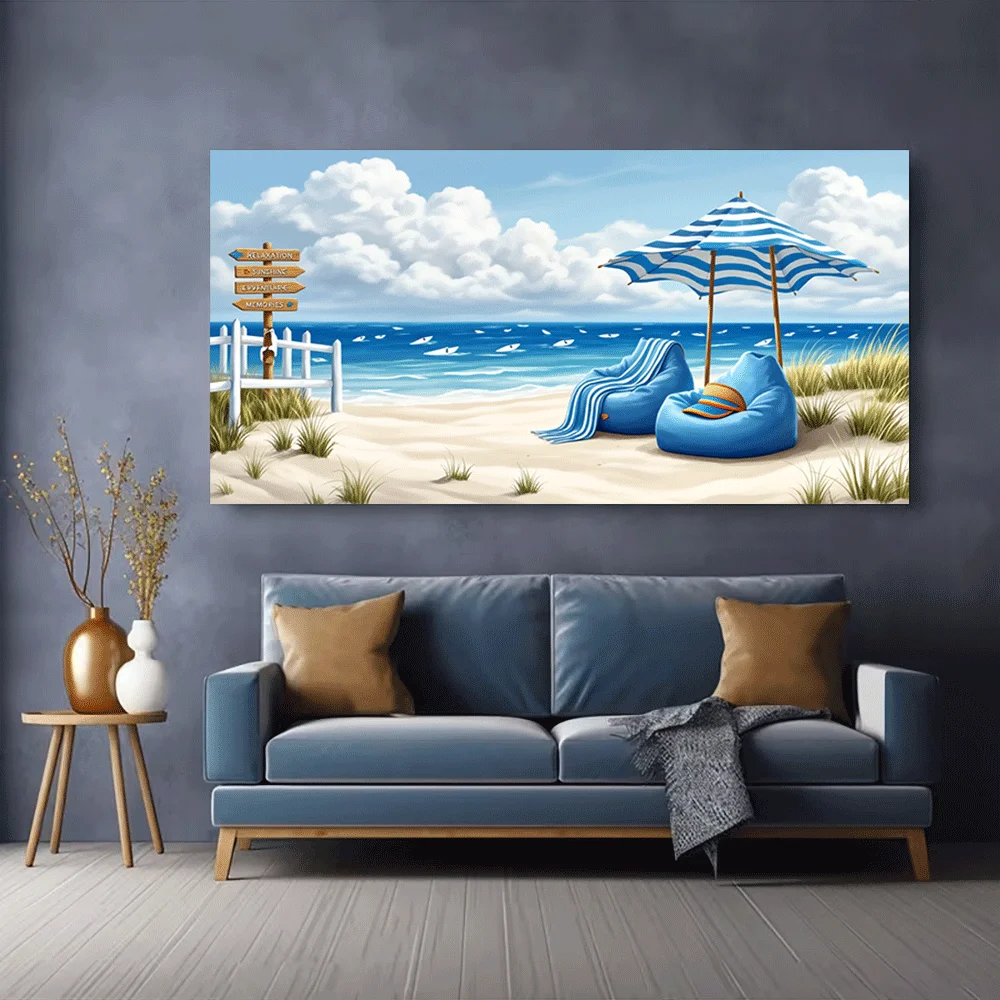 1pc frameless Canvas Painting 1PC-Canvas poster Unframed Beach Scene with Blue Umbrella, Bean Bags, Sunshine Relaxing Scenery, S