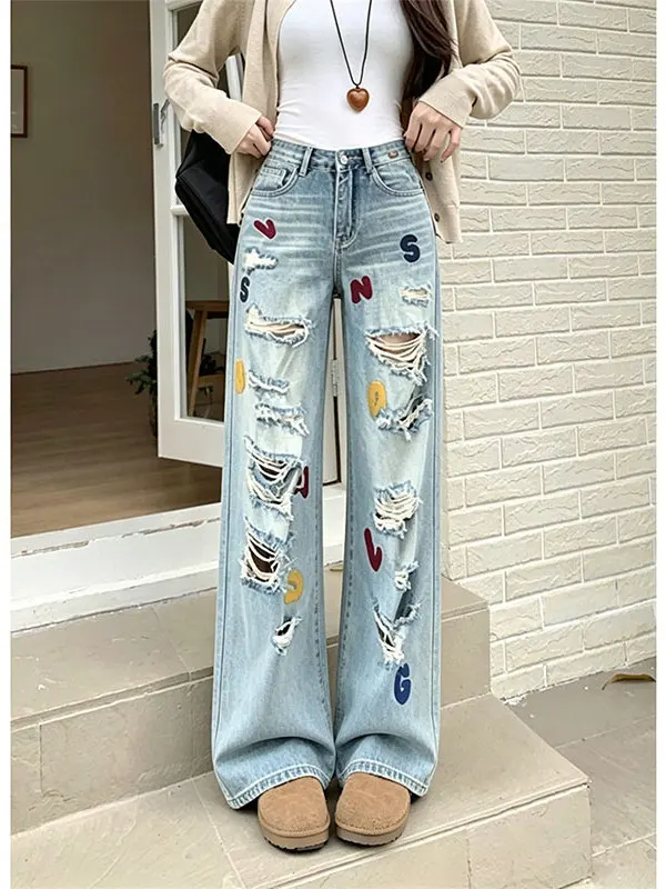 High Waist Wide Leg Graffiti Letter Denim Jeans Women's Summer Trendy Floor-Length Cuffed Straight Leg Trousers