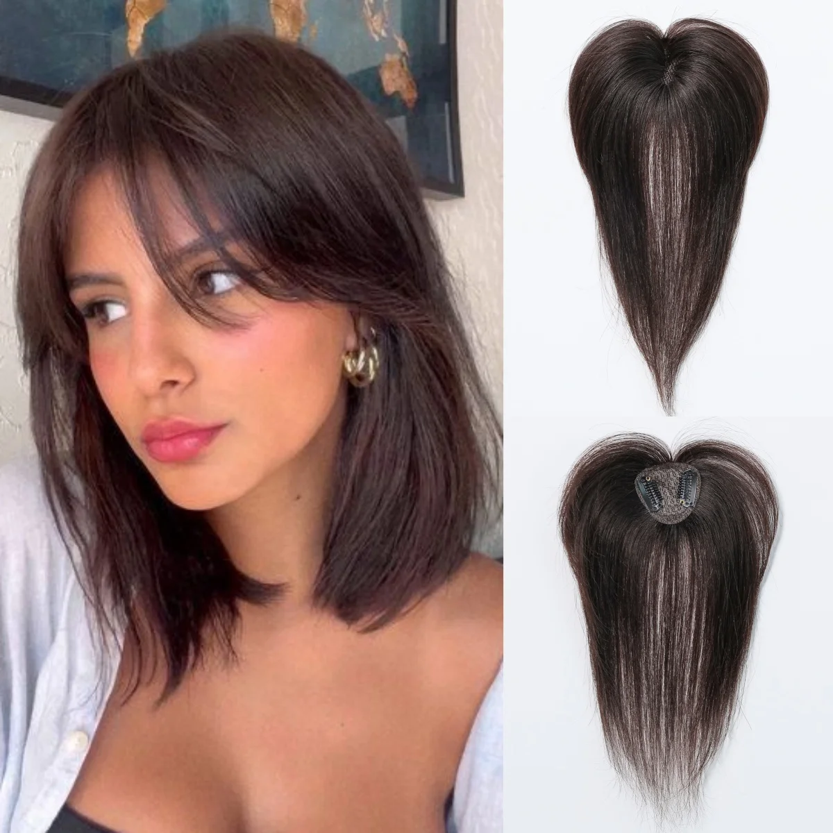 

Brown Natural Human Hair Topper 2 Clips in Hair Extension with Air Bangs 100% Real Human Hair for Women Daily with Loss Hair Use