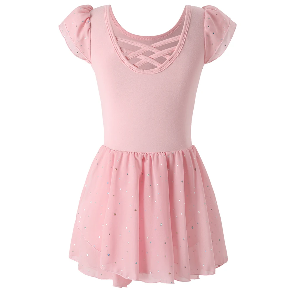Conjunto de falda tutú y leotardo de Ballet con espalda cruzada para niñas, vestidos de baile con mangas con volantes de bailarina, disfraz de gimnasia brillante