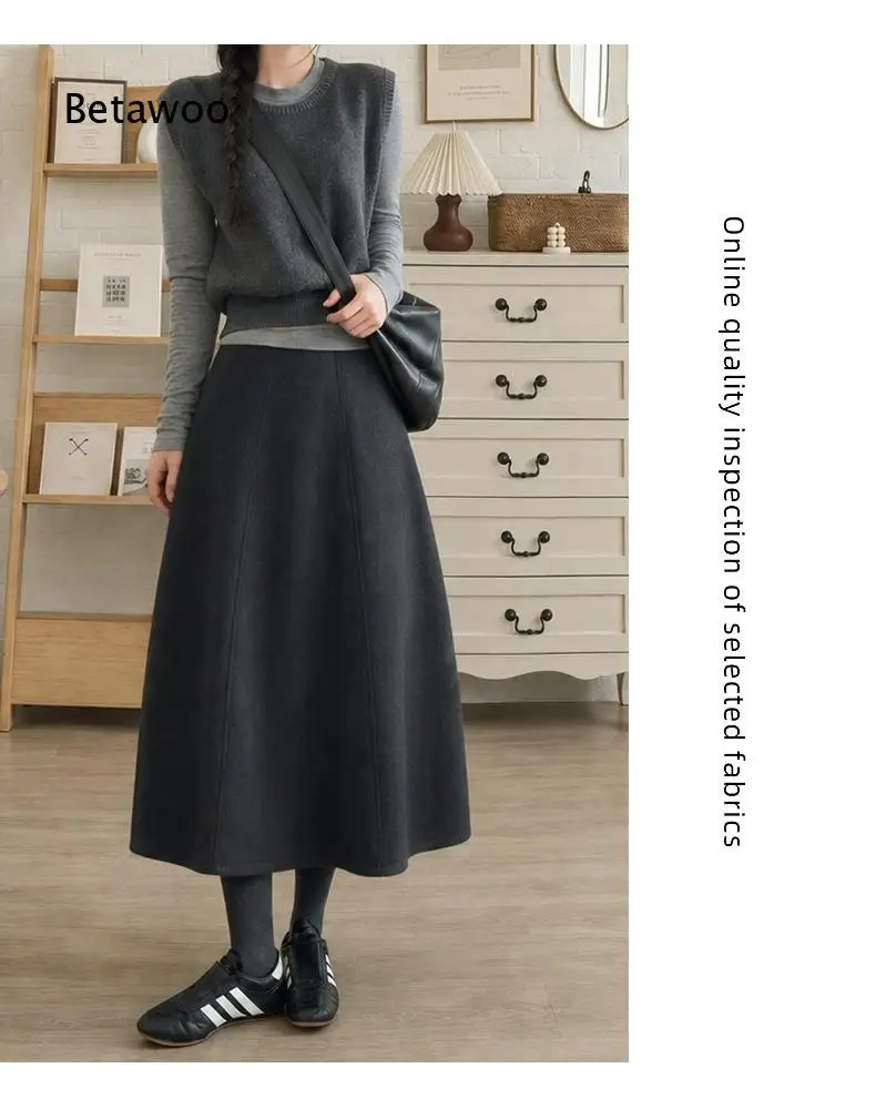 Women Japanese Style Bud Design Woolen A Line Midi Skirt High Waist Pumpkin Shape Half Dress For Spring Autumn Office Commute A