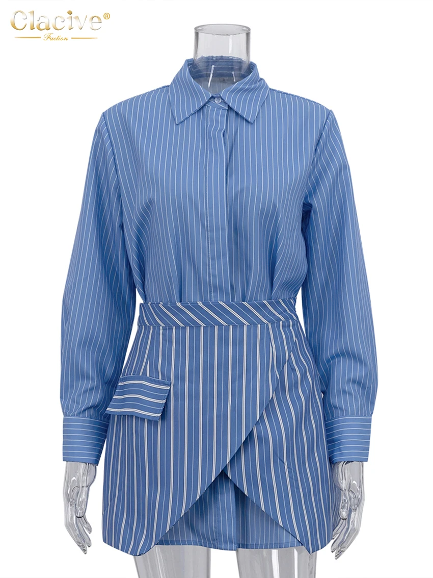 Clacive Fashion Loose Stripe Print Woman 2 Piece Set Outfit Elegant Long Sleeve Shirt With High Waist Mini Skirt Set Female image 3
