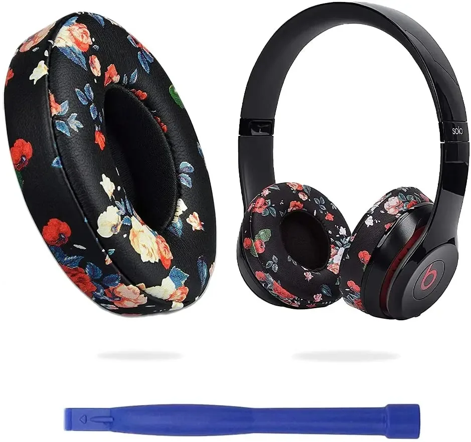 Fone de substituição para Beats Solo 3, couro proteico premium, espuma de memória, floral preto, 2