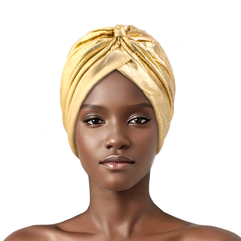 New Women Gold Silver Metallic Arab India Pleated Turban Muslim Hijab Headwrap  Headband Cross Twist Arab Hair Wrap Chemo Cap