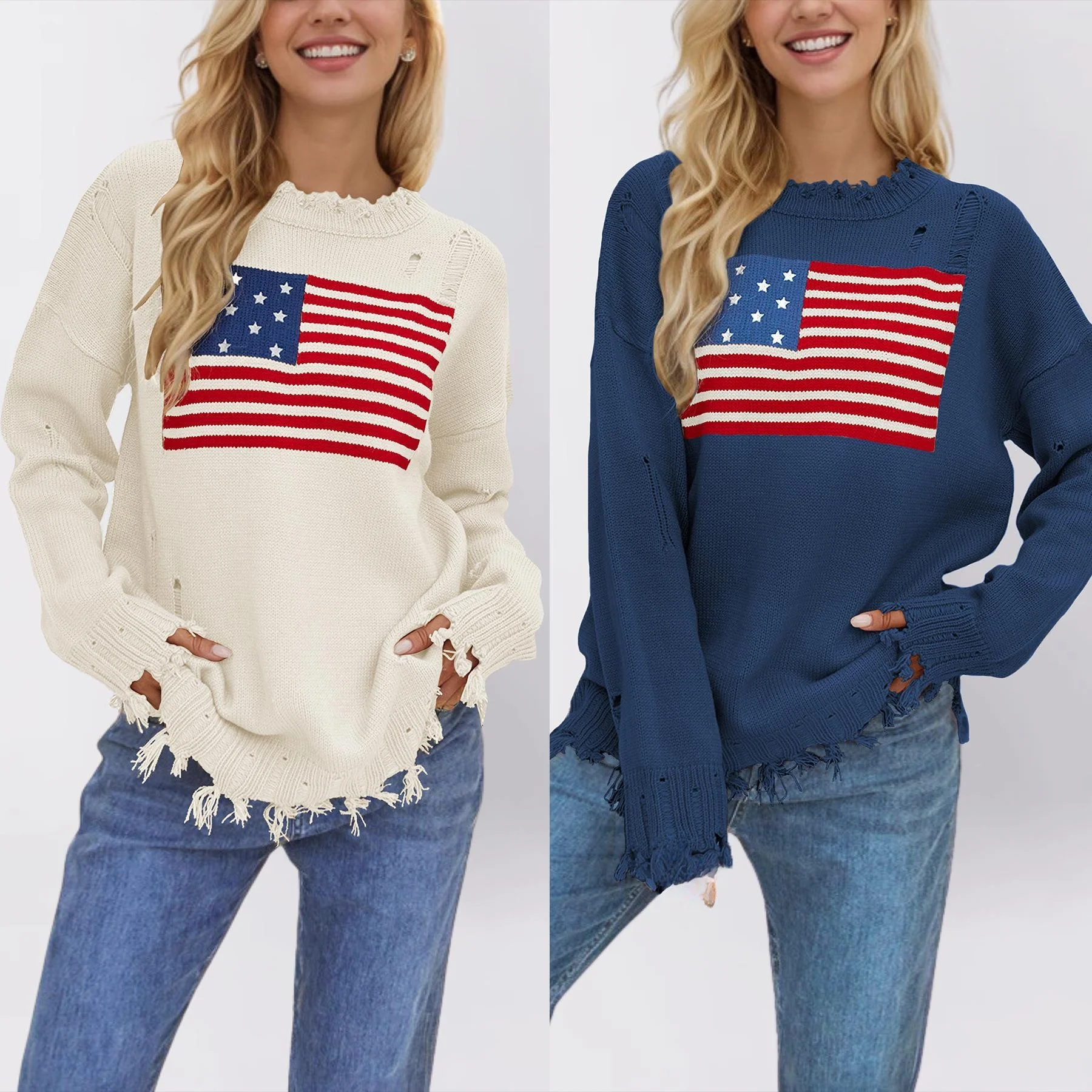 Faionable Round Ne Sweater Damen Thiened Long Sve Strickoberteil Independence Day Festival Sle Herbst Winter Neu Ar...