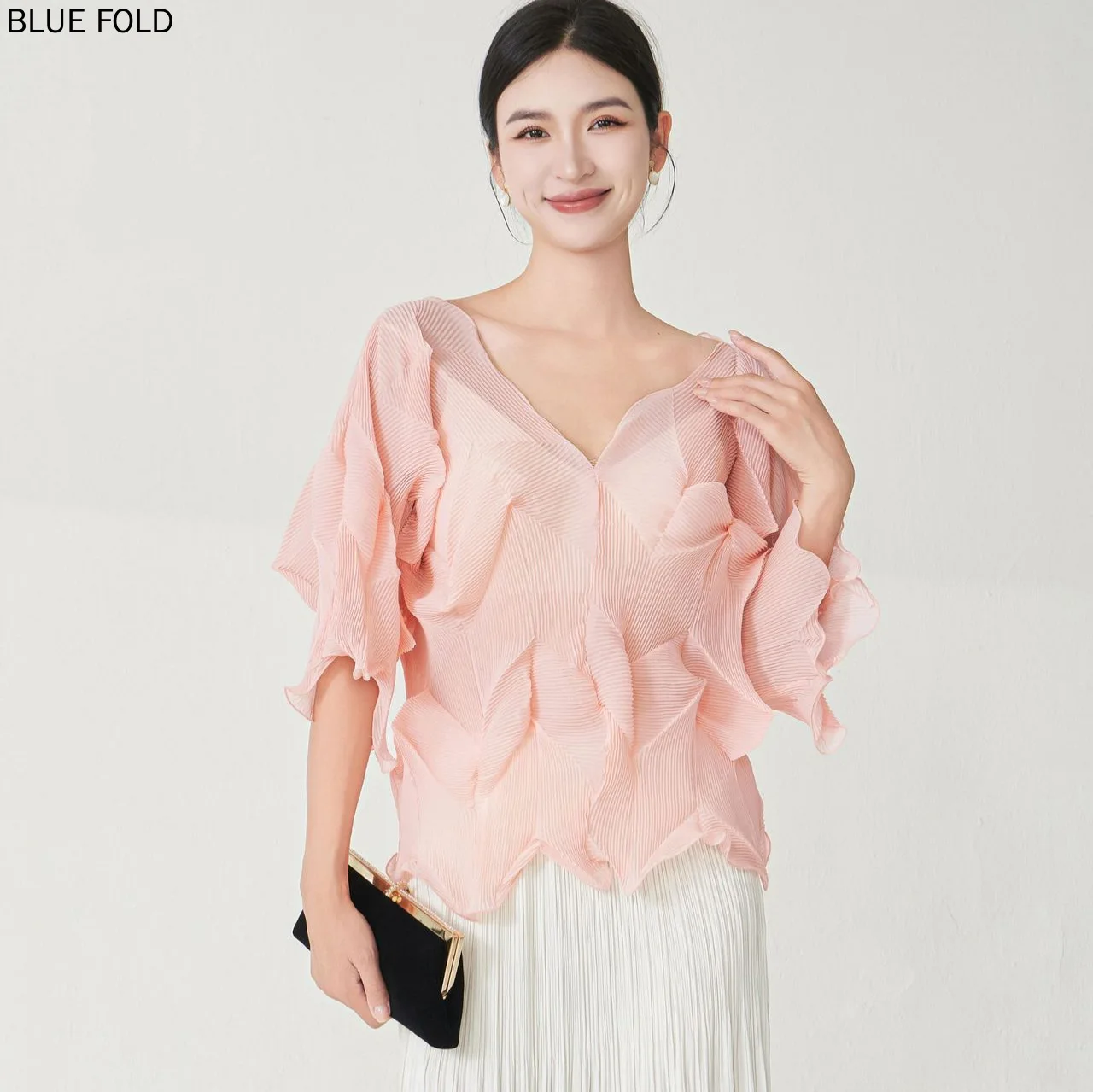 

Miyake Pretty Unique Stunning Top Design Sense Irregular Peplum Pleated Slim Strapless Peplum T-shirt
