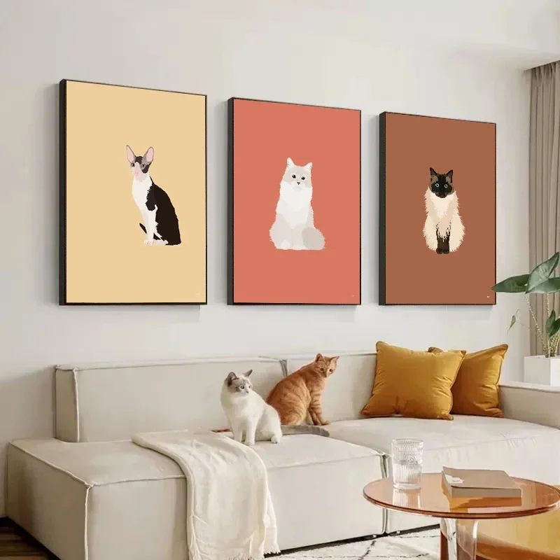 1pc frameless Canvas Painting Nordic Cute Siamese Sphynx Scottish Fold Cats Illustrations Poster Minimalist Kawaii Animal Wall A