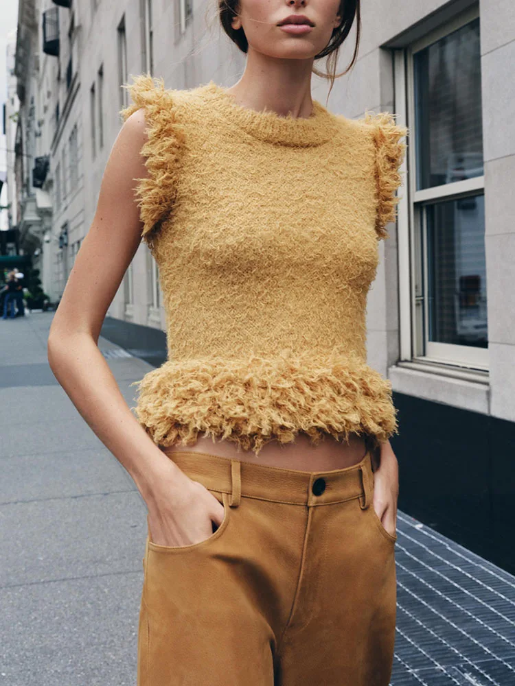 

Ele Artificial Fur Effect Svel Knitted Top Women's Faion Autumn New Arrival Casual Fit round Ne Long Sve