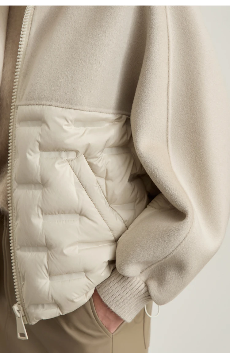 AMII Down Coats 100% Wool Stand Collar Loose Spliced Jackets for Woman 2024 Winter Warm New Casual Versatile Jacket 12454007