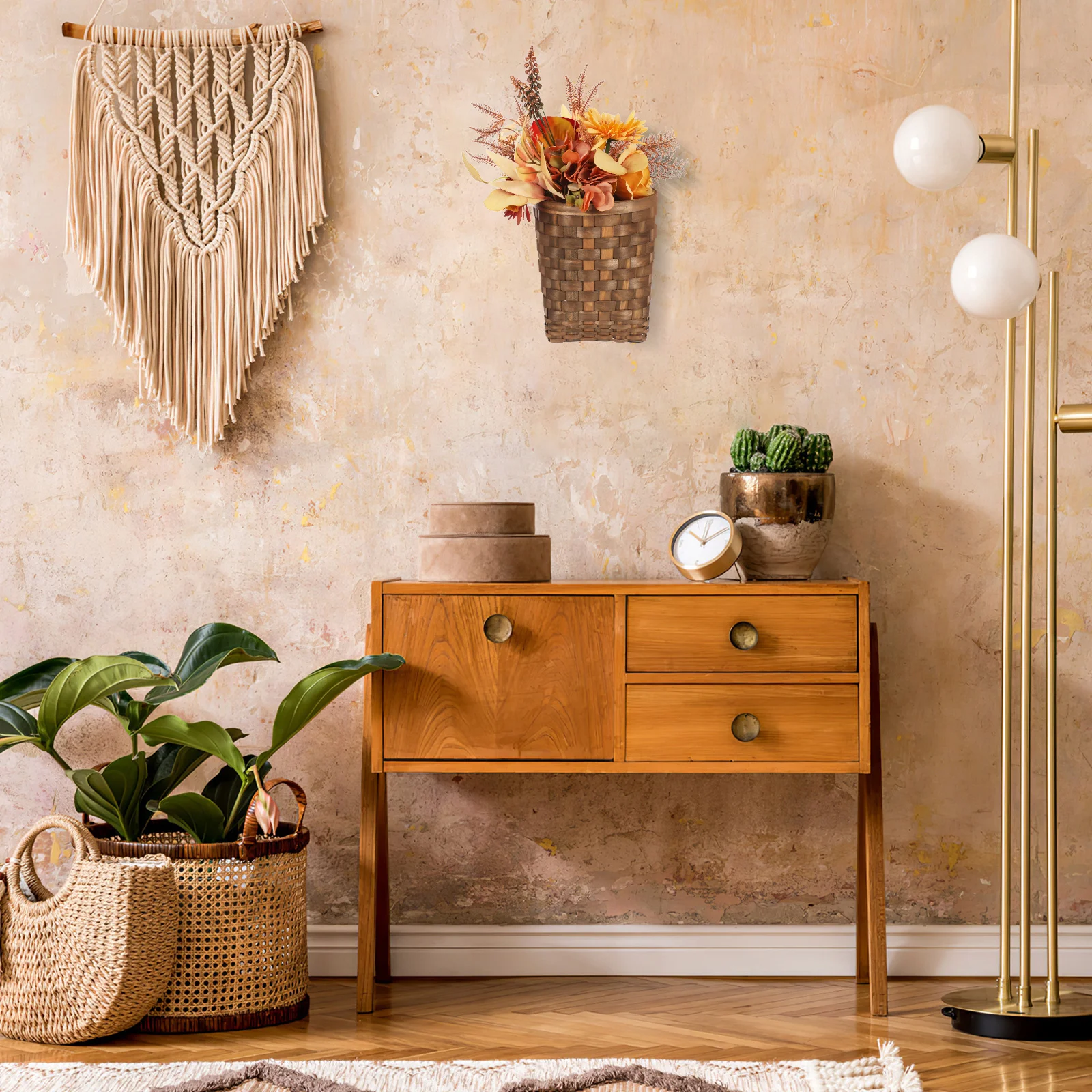 

Large Wall Storage Hanging Basket Woven Wicker Floral Decor Carbonized Retro Wood Piece Vegetable Fruit Baskets Storage