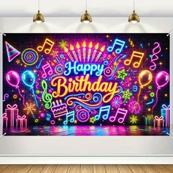 Neon music birthday party background cloth with colorful lighting effects, suitable for indoor and outdoor activities