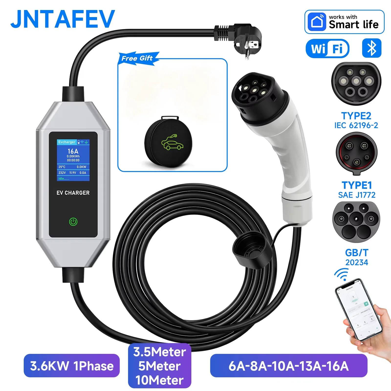 JNTAFEV Electric Vehicle Charging Station 3.5M/5M/10M 3.6KW 16A 1 Phase EV Wallbox Charger Type2/Type1/GBT for Home/Outdoor Use