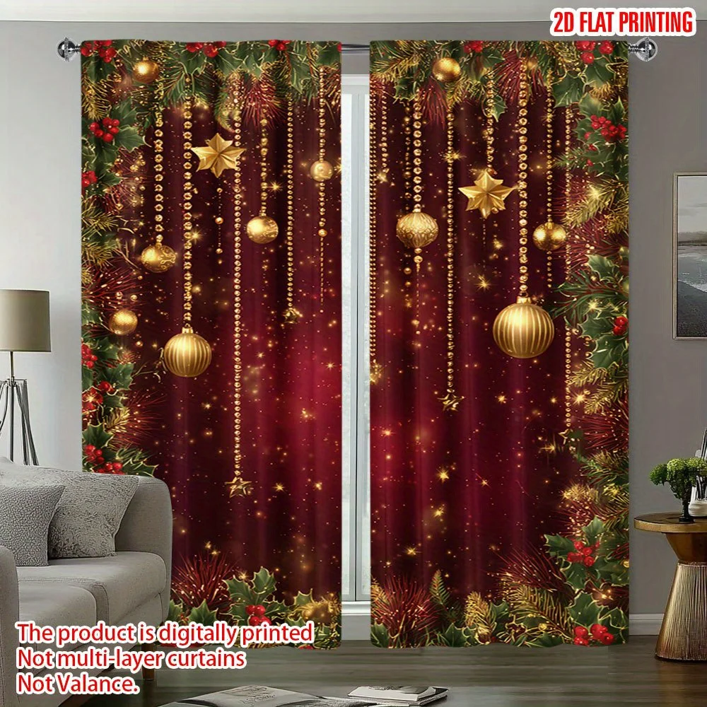 2Pcs, Holiday Christmas Curtains - red and gold design, snowflake star print, suitable for bedroom living room home decoration