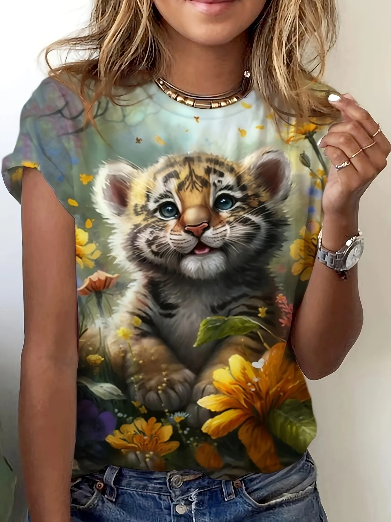 Women Round Neck Short Sleeve T-shirt Cute Baby Tiger Floral Print Casual Summer Tee