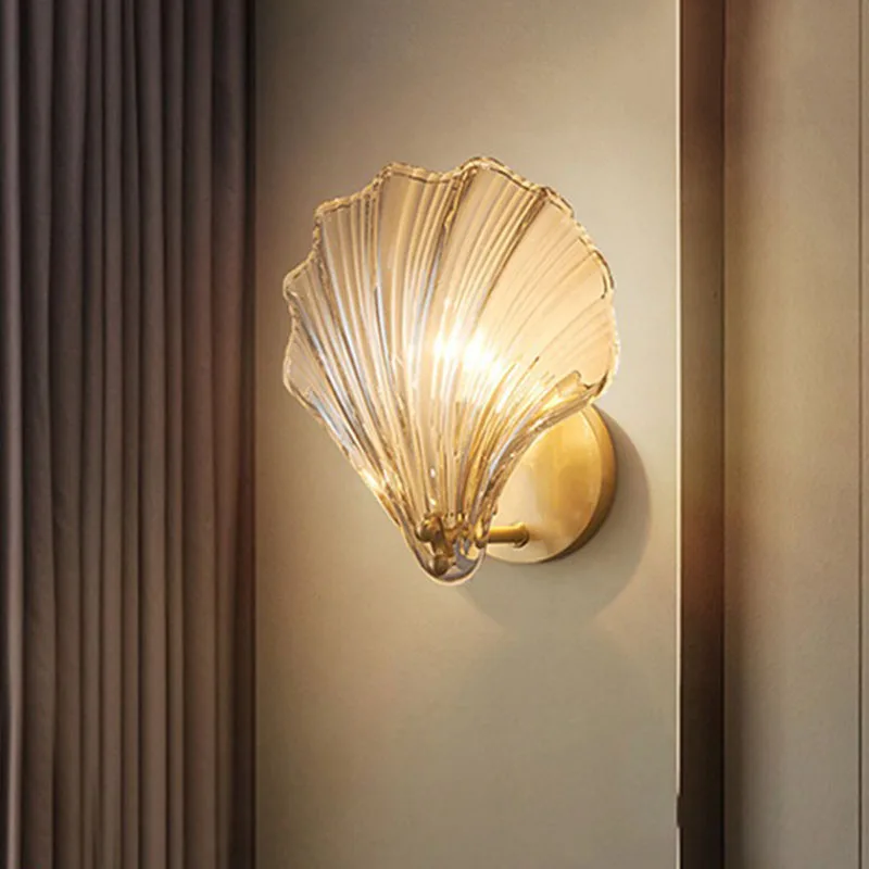 

Modern Amber Glass Shell-Shaped Wall Lamp Minimalist Bedroom Bedside Study Room Led Indoor Lighting Living Tv Dector