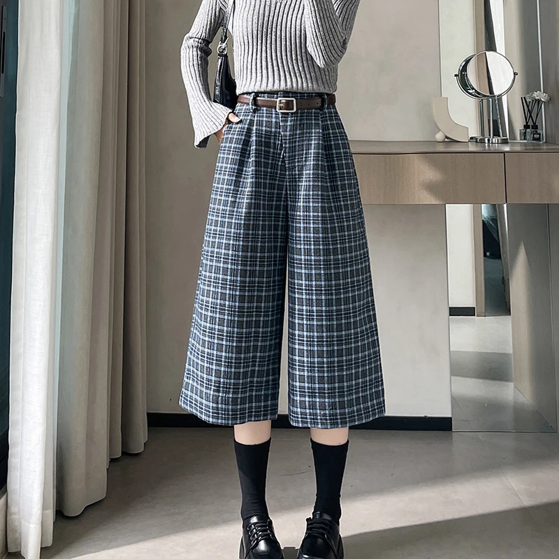 

Vintage Plaid Capris Pants Women Autumn Winter Thick Woolen Pants High Waist Wide Leg Fashion Casual Boot Pants Female with Belt