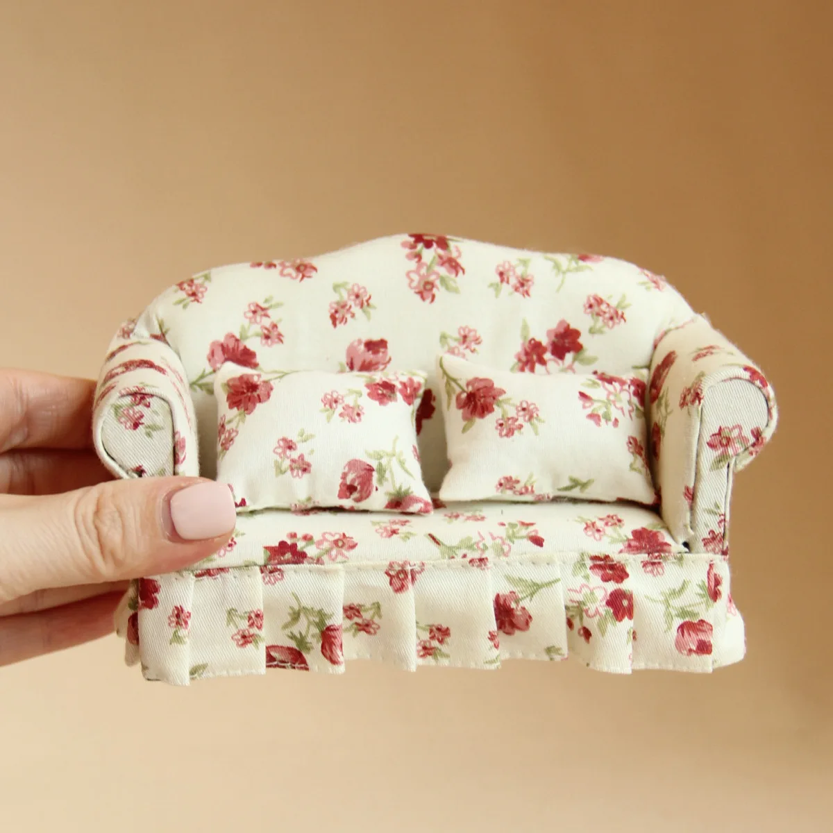 Sofá Floral en miniatura a escala 1:12, conjunto de muebles para casa de muñecas, sofá de madera realista para escena de sala de estar y dormitorio