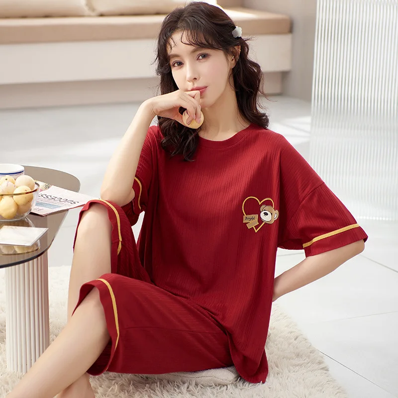 

Korean Fashion Nightwear Cotton Plus Size M-5XL Pyjamas Women's Cotton Sleepwear Short Sleeve Calf Pant Loungewear Femme