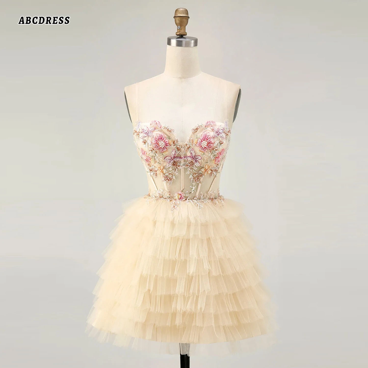 Customized Champagne Floral Appliques Homecoming Dress A Line Tiered Tulle Cocktail Dresses Lace Up Prom Evening Gown
