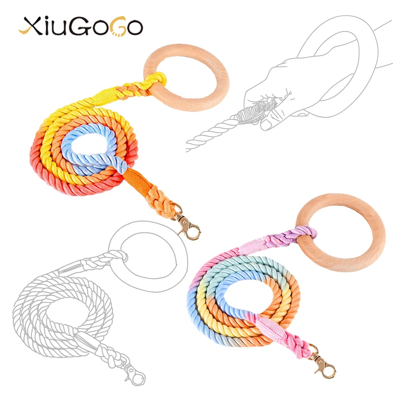 

1.5M Rainbow Braided Cotton Dog Leash Handmade Round Wooden Handle Traction Rope Collar Set Gift For Car Dof Pet Accessories