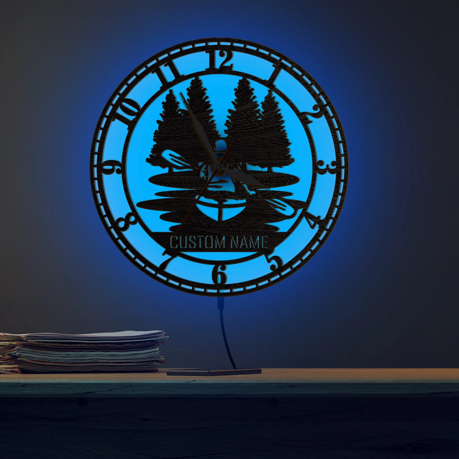 Custom Name Canoe Lake Forest LED Backlit Wall Clock for Lake House Camping Cabin Personalized Kayak Canoeing Wooden Wall Clock