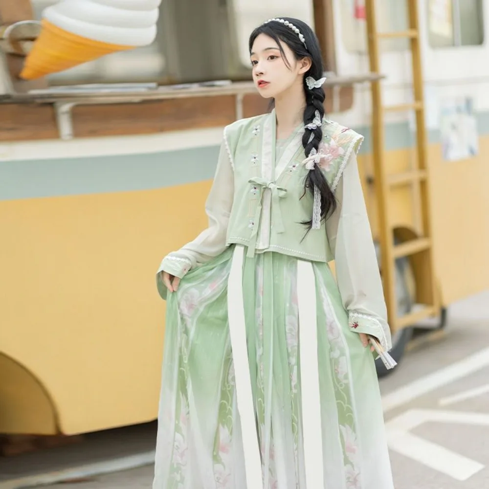 

Women Petite Song Style Hanfu Set Light Rain Embroidery Camisole Printed Short Shirt Waist Pleated Skirt Daily Casual Outfit