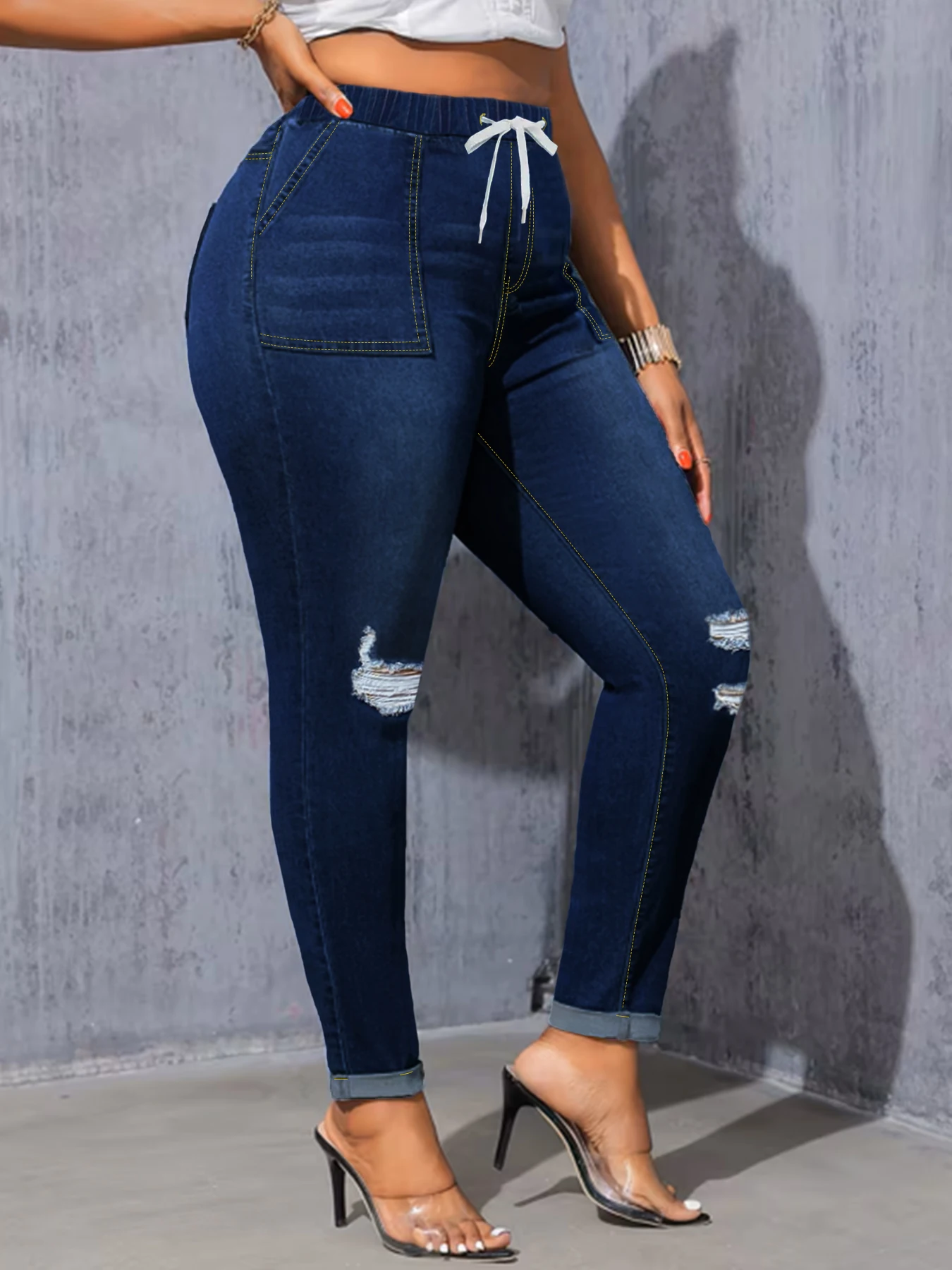 حجم كبير عالية الخصر سليم صالح الدينيم الجينز للنساء خمر ممزق متعرج بعقب مطاطا حجم كبير الجينز النسائية #3