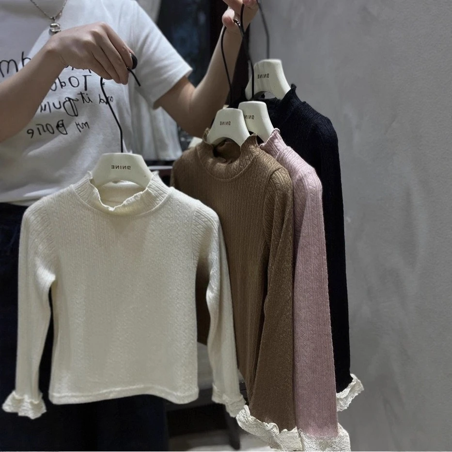 

Полуводолазка для девочек, однотонные кружевные рукава, осень 2021.