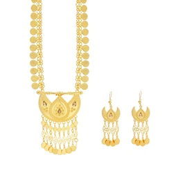 Retro Golden Silvery Coin Long Tassel Moon Pendant Necklace Earrings for Women Afghan Kurdish Ethnic Tribe Statement Jewelry Set