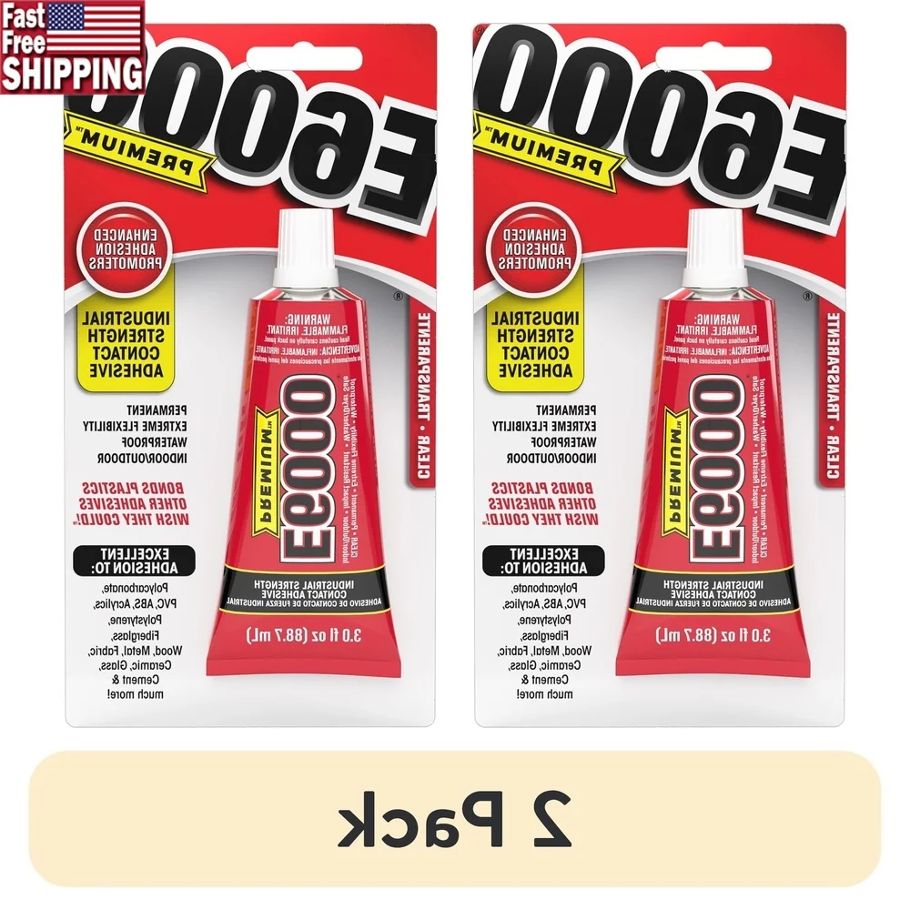 

2 Pack E6000 Industrial Strength Clear Contact Adhesive Glue Waterproof Flexible Bonding Craft Glue Multiple Surfaces 3 fl oz