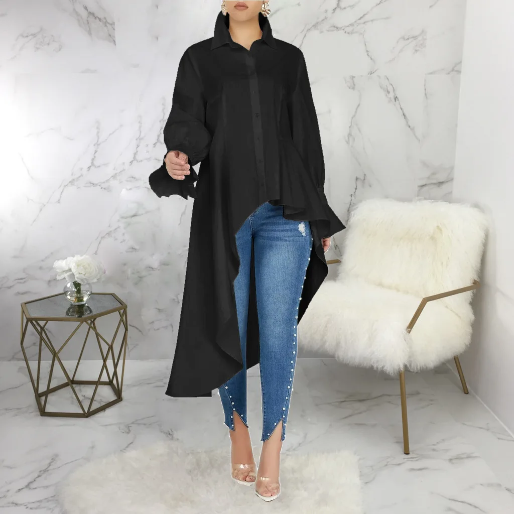 Chic Large Size Asymmetrical Line A Blouse Trend Shirts Women Hem Shirt Leisure Long Sleeves Button Tops Lapale Neck White Dress