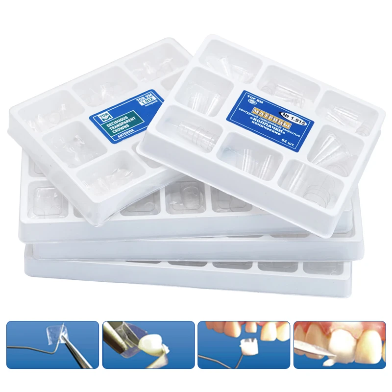 64pcs Dental Transparent Crowns Child Deciduous Adult Posterior and Anterior Teeth Full Matrices Conical 1.910/1.911/1.912/1.915