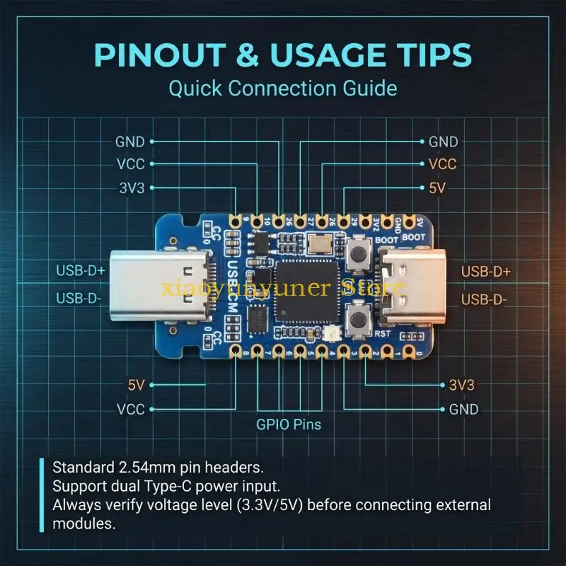 P9JB Type C Microcontroller Board with RP2350A Chip, 15 GPIO Contacts, Castellated Outline, Boot Key, and 2MB Flash for Signal