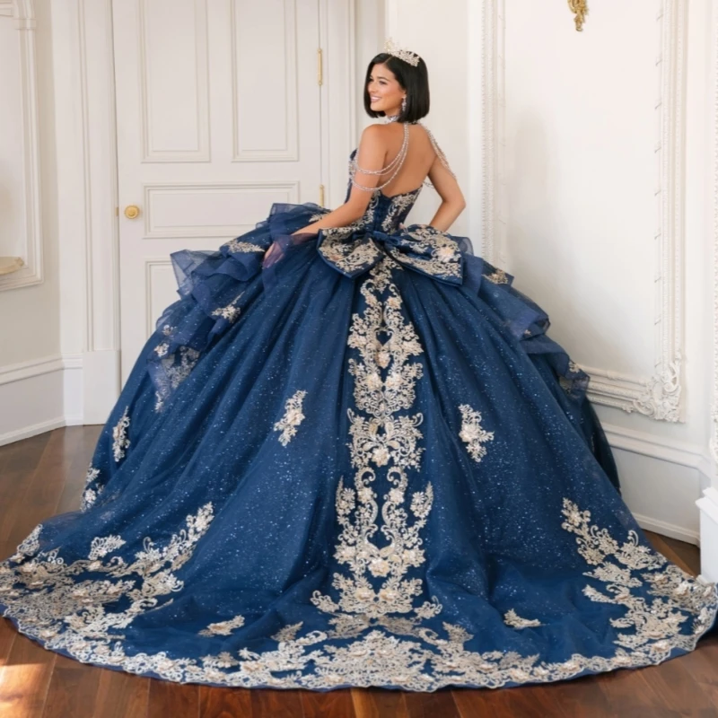 

Navy Blue Shiny Ball Gown Quinceanera Dresses Applique Lace Beading Crystal Bow Tull Corset Off Shoulder Sweet 16 Dress Vestidos