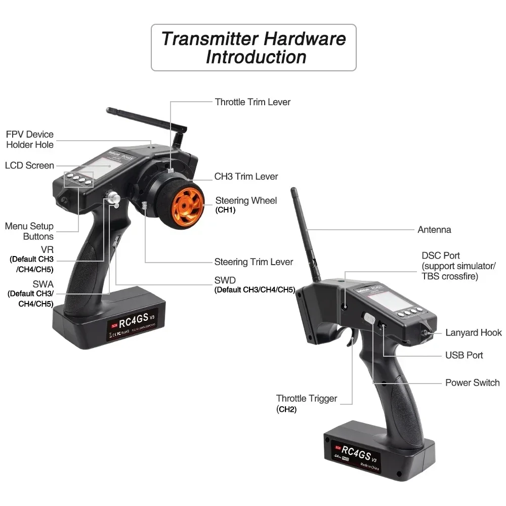 RadioLink RC4GS V3 2.4G 4CH 400M Distance Remote Controller Transmitter & R6FG Gyro Inside Receiver for RC Car Boat