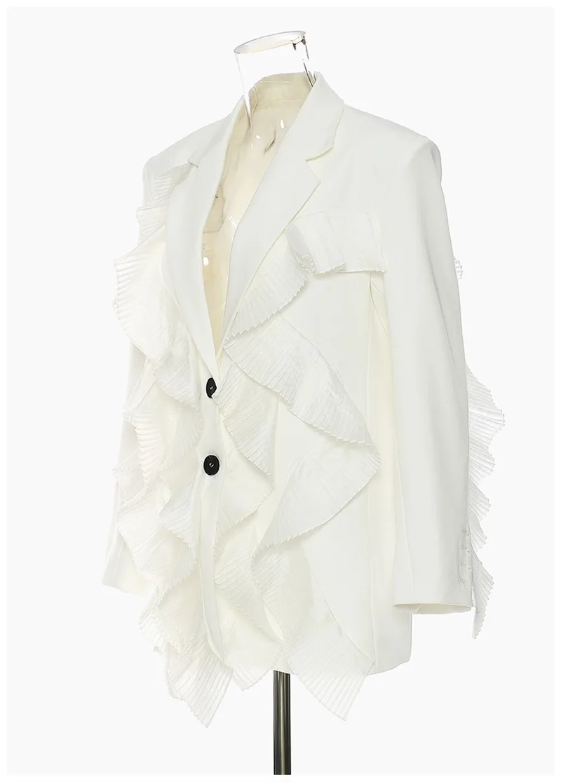 Blazer en coton à manches longues pour femmes, imbibé, gracieux, épissage, revers cranté, 2 boutons, blanc magnifique, sertissage, nouveau design, en stock