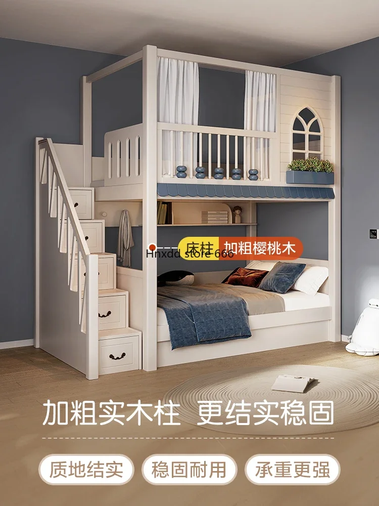 Solid wood bunk double-layer high guardrail mother and child bed