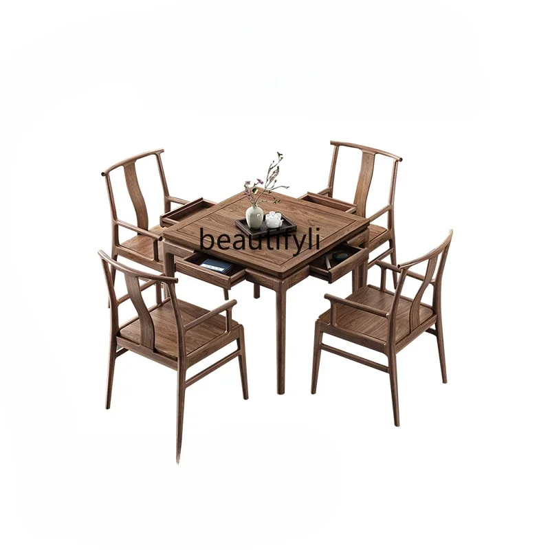 

New Chinese solid wood square table dining table and chair combination North American black walnut eight immortals table old elm