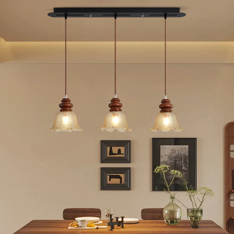 Medieval Style Restaurant Chandeliers Retro Walnut Color Three-headed Flower Creative Lamps Minimalist Glass Bar Indoor Lighting