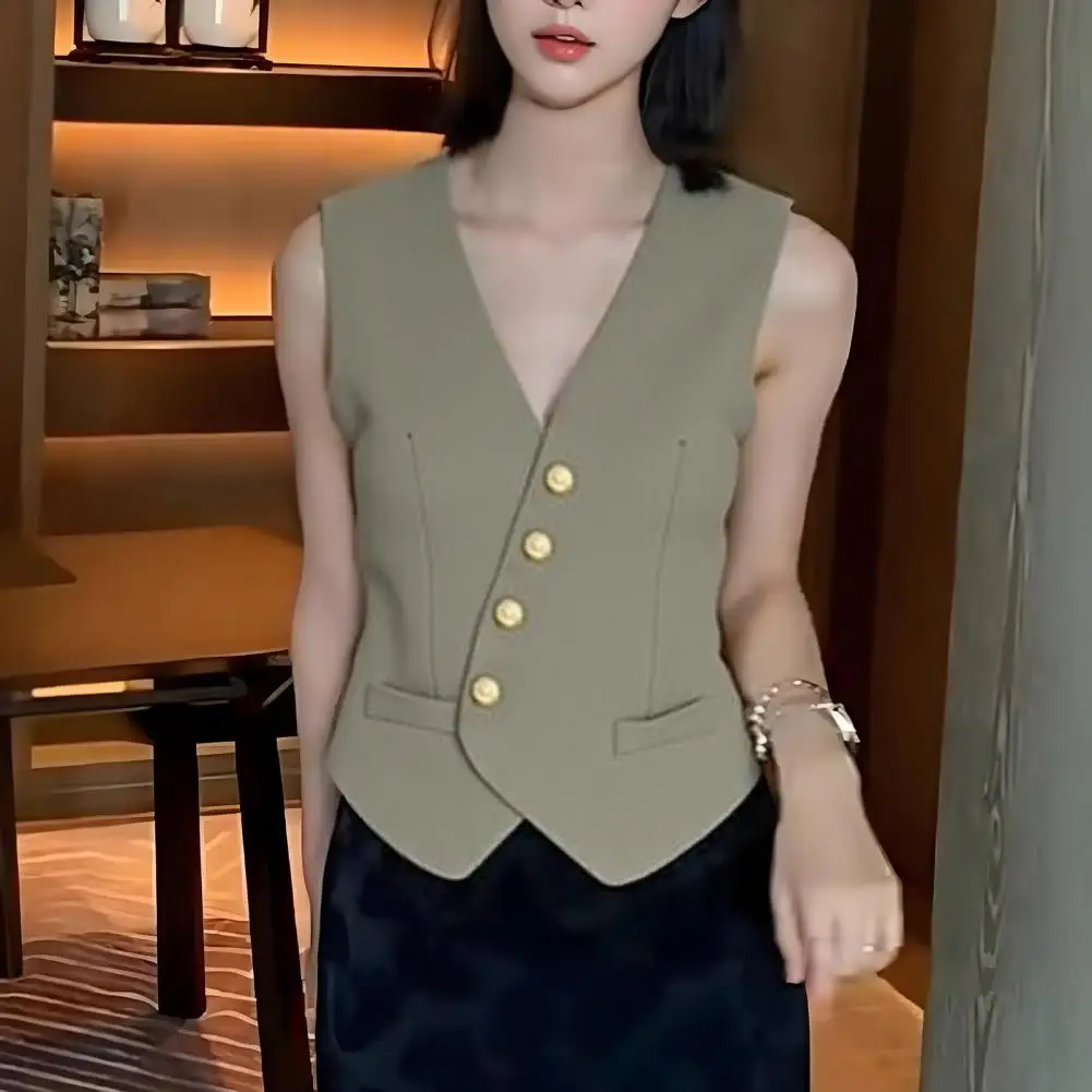 

2025 Female Fashion Solid Single Breasted Tank Tops Summer Women Knitted V-Neck Sleeveless Slim Blazer Vest Waistcoat